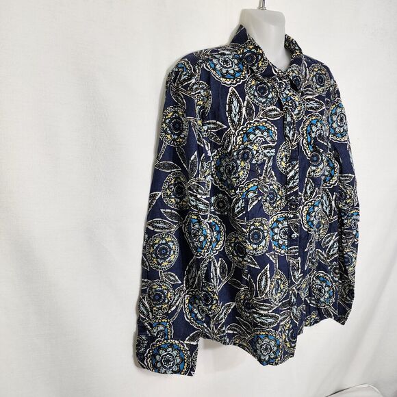 Charter Club Women Top Sz 16 Blue Floral 100% Linen Long Roll Tab Button Pocket - Picture 5 of 12